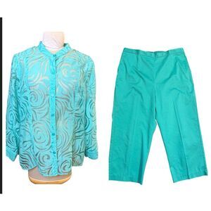 Alfred Dunner Sheer Top & Ankle Pants Sz. 16W Top 18W Pants Teal
